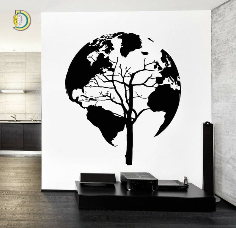 World Map with Tree Wall Sticker Decal CDR DXF Free Vector