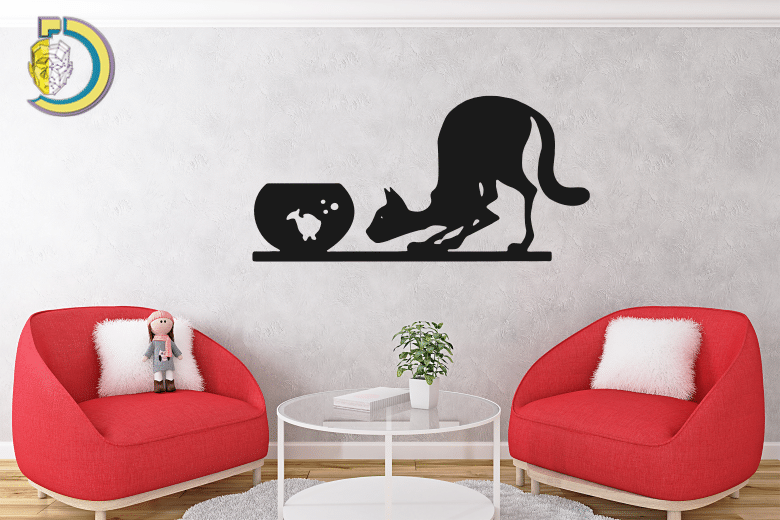 Cat with Fish Wall Decor CDR DXF Free Vector