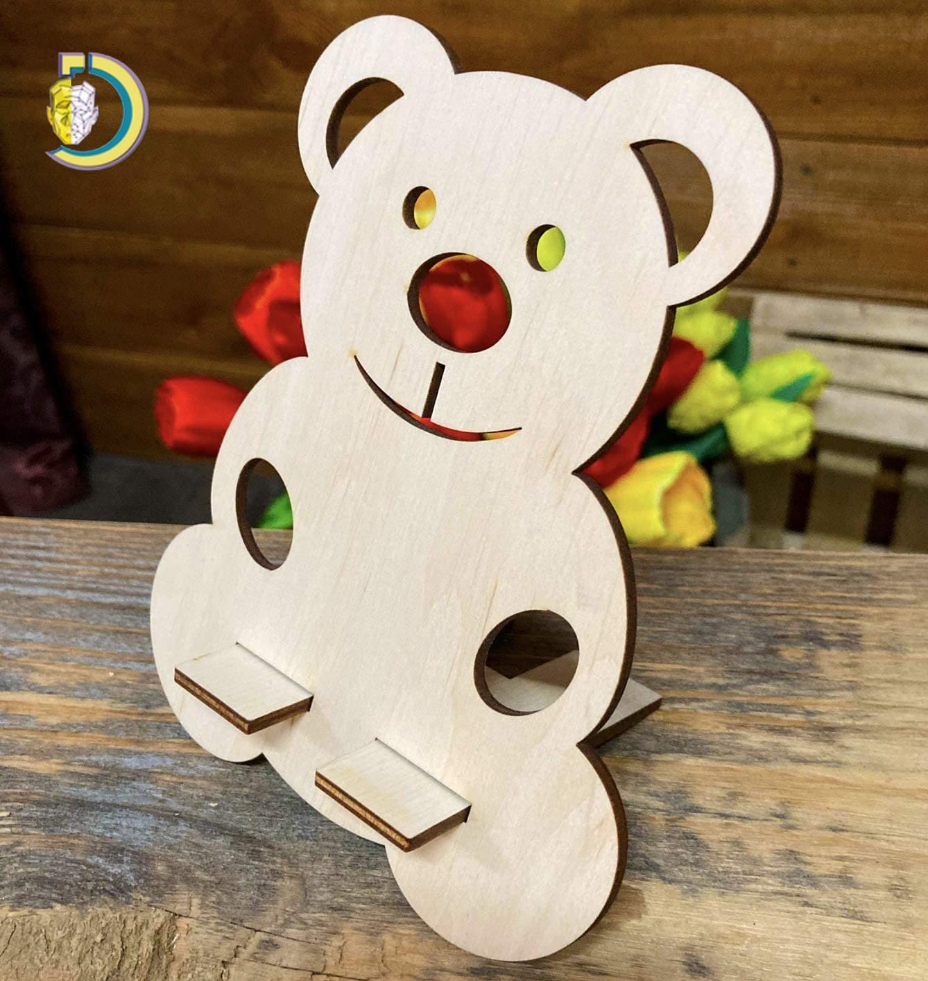 Laser Cut Wooden Teddy Bear Phone Holder CDR Free Vector