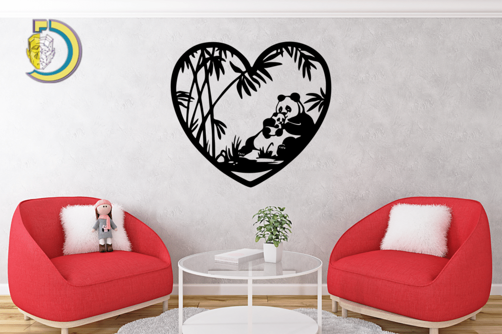 Panda in Heart Wall Decor CDR DXF Free Vector